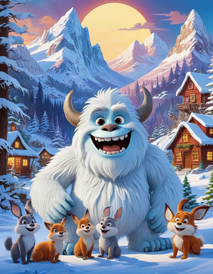 A whimsical, snowy landscape with a friendly yeti gently holding a giant film reel, surrounded by animated characters like cheerful animals and playful children, all laughing together. Include colorful movie posters in the background featuring family-friendly animated films. The scene should radiate warmth and joy, appealing to families. vibrant colors. cartoon style. snowy backdrop.