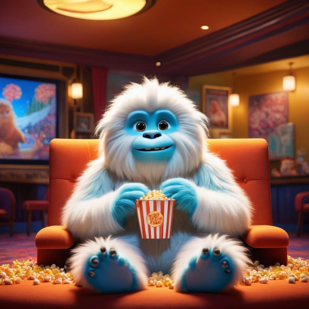 A whimsical yet cheerful scene featuring a playful yeti sitting in a cozy cinema, surrounded by colorful animated film posters. The yeti is joyfully munching on popcorn while animated characters from classic family films pop out of the screen, creating a lively atmosphere. The background is filled with vibrant colors and twinkling lights, evoking a sense of wonder and excitement. The setting is warm and inviting, with plush seats and a big screen showing a family-friendly film. cartoon style. vibrant colors. soft lighting.