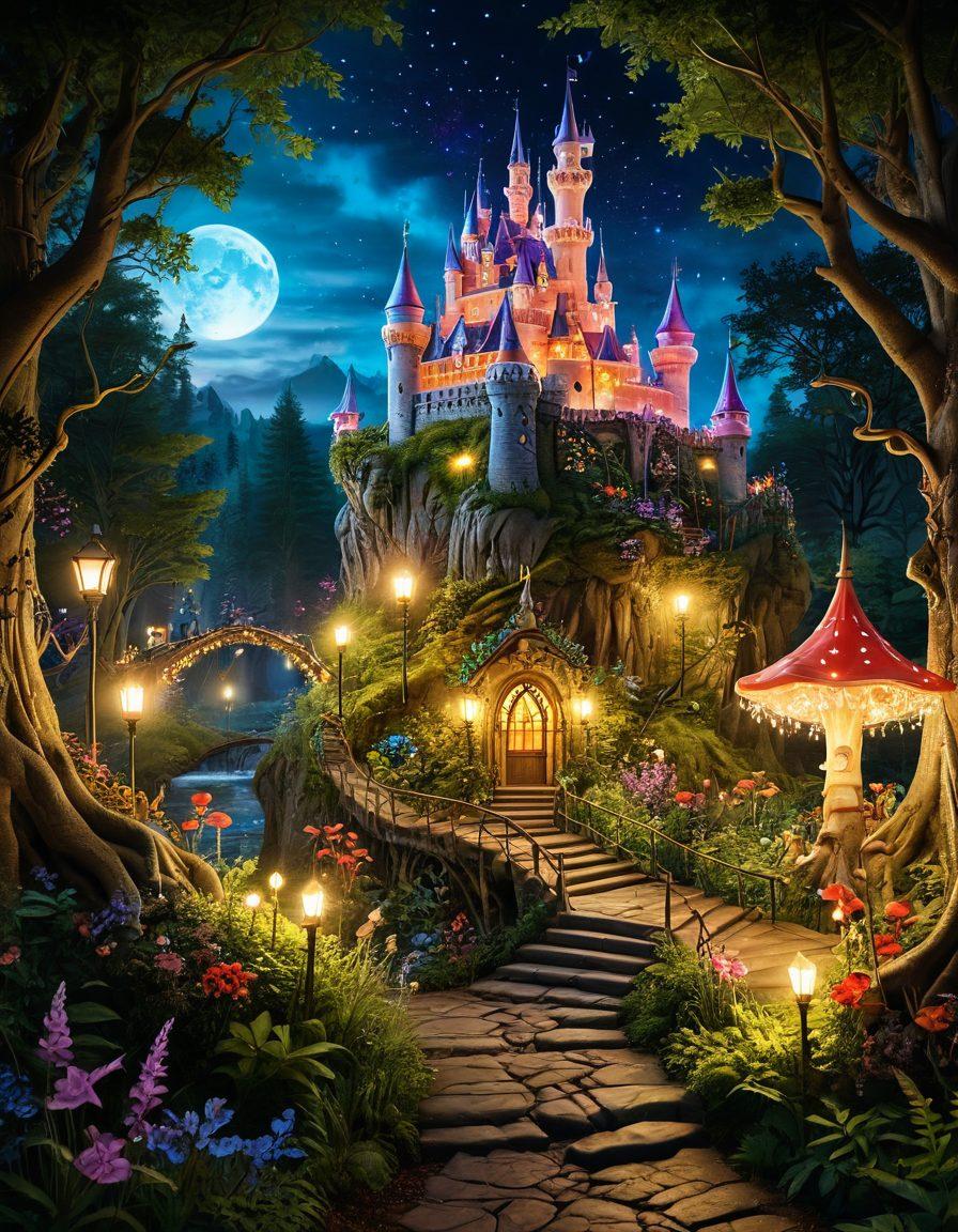 A whimsical scene featuring a vivid, enchanted forest filled with joyful, colorful animated characters engaging in playful activities, blending fantasy with a cinematic feel. A diverse group of adults and children marvels at the animations around them, with expressions of wonder and delight. The forest is lush with vibrant flora, and magical elements like sparkling lights and floating creatures enhance the atmosphere. Include a hint of adventure with a winding path leading to a sparkling castle in the background. super-realistic. vibrant colors. enchanting lighting.